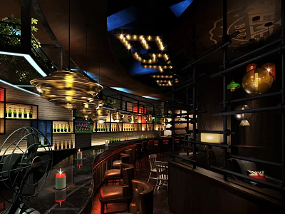 Modern Bar Interior Design With Bar Counter Wine Racks And Pendant Lighting 3d model