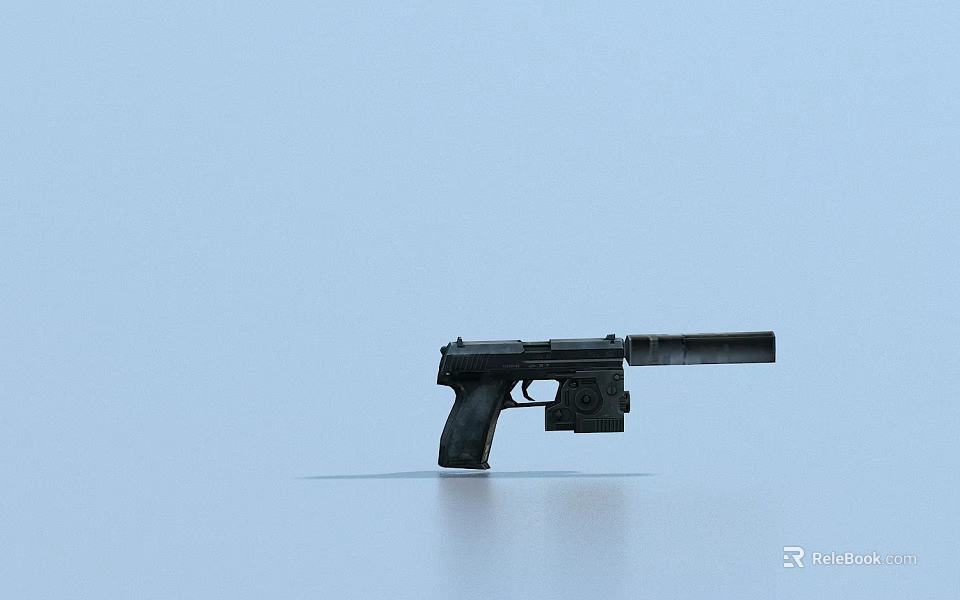 Black Pistol With Silencer As Modern Firearm On Light Blue Surface 3d model 