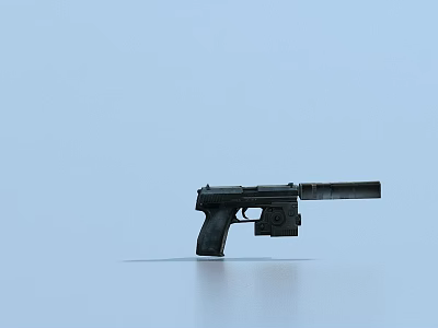 Black Pistol With Silencer As Modern Firearm On Light Blue Surface 3d model