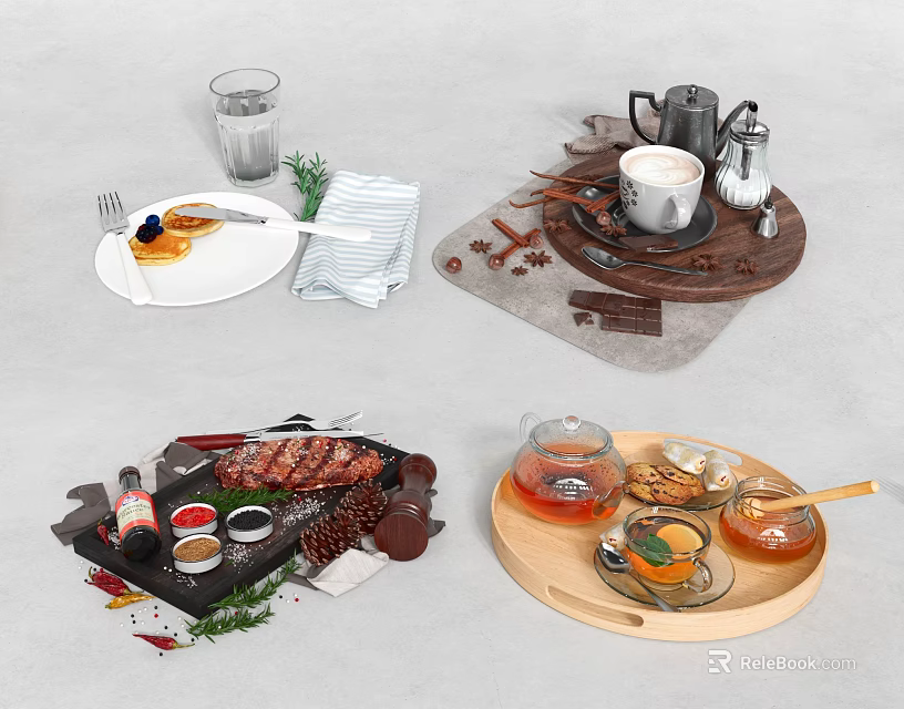 Tableware Set with Trays Cups Plates Knives Spoons Forks and Grilled Meat Cookies Honey 3d model 