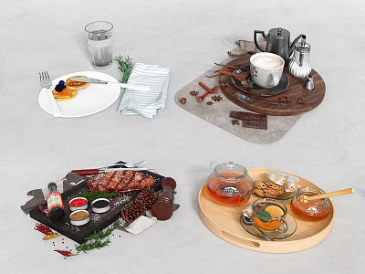 Tableware Set with Trays Cups Plates Knives Spoons Forks and Grilled Meat Cookies Honey 3d model