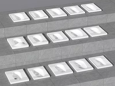 Multiple White Squat Toilets Neatly Arranged On Stepped Grey Tile Floor 3d model
