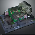 3D Architectural Model Scene With Green Walls Trees Outdoor Stone Path And Bench