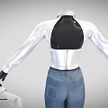 White Shirt With Black Patent Leather Corset And Blue Jeans Holding White Undergarment
