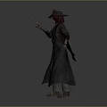 Man Wearing Cowboy Hat And Long Coat Holding Gun In 3D Rendered Standing Pose