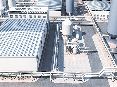 Industrial Factory Building With Metal Roof Pipes And Storage Tanks 3d model