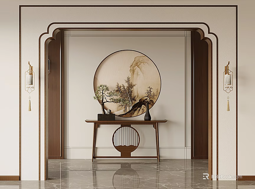 Chinese Style Entryway Console Table With Round Landscape Painting Wall Lamps And Decorative Plants 3d model 