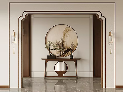Chinese Style Entryway Console Table With Round Landscape Painting Wall Lamps And Decorative Plants 3d model
