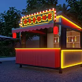 Wooden Cabin Stall With Neon Sign And Red Lanterns At Night