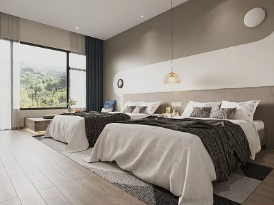 Modern Hotel Guest Room With Twin Beds Large Window And Natural View 3d model