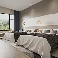 Modern Hotel Guest Room With Twin Beds Large Window And Natural View