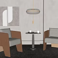 Single Seater Sofas With Gray Cushions Wooden Frames And Small Table Under Modern Pendant Light 3d model