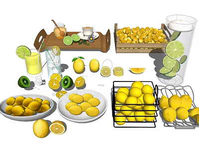 Fresh Lemons and Limes with Sliced Pieces in Glasses Plates Tray and Metal Basket 3d model