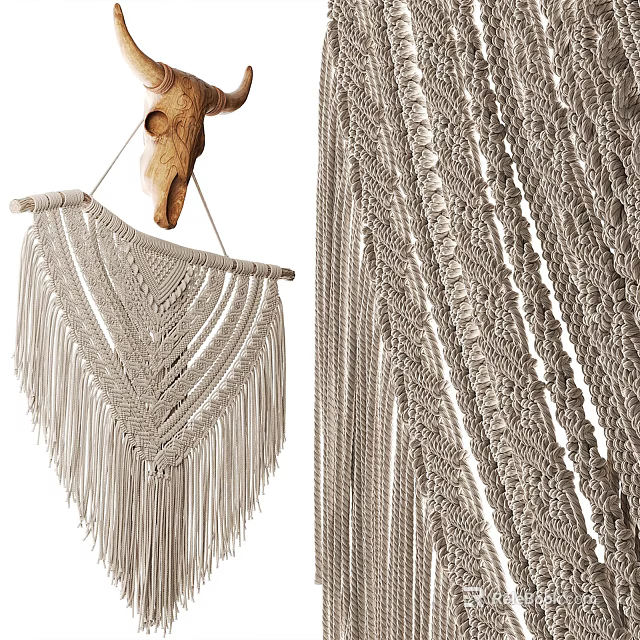 Handmade Macramé Wall Hanging With Fringe Design For Bohemian Home Decor 3d model 