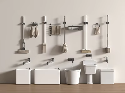 Modern Bathroom Accessories Interior With Wall Mounted Racks Towel Holders And Basins 3d model
