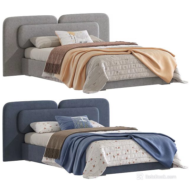 Gray And Blue Double Bed Design With Cozy Blankets Decorative Pillows And Patterned Sheets 3d model