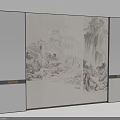 Traditional Chinese Background Wall with Landscape Painting Screen and Grey Decorative Panels
