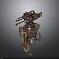 Futuristic Multi Barrel Turret Weapon With Red Blue Mechanical Structure And Stand Base 3d model