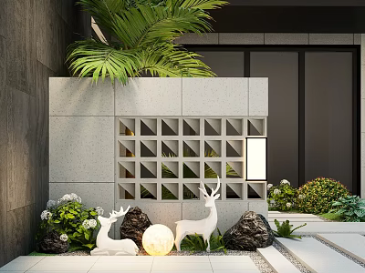 Gray Grid Garden Feature Wall With Green Plants White Deer Statues Stones And Illuminated Lamp 3d model
