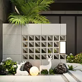 Gray Grid Garden Feature Wall With Green Plants White Deer Statues Stones And Illuminated Lamp