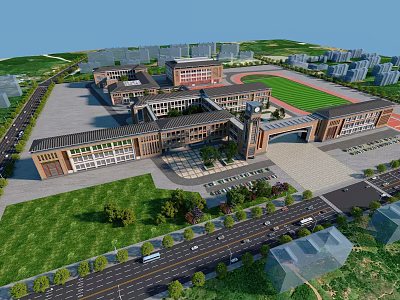 Modern School Campus Buildings Featuring Spacious Sports Field Green Lawns and Entrance Gate 3d model