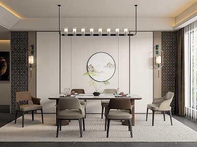 Chinese Style Restaurant With Round Dining Table Circular Decorative Painting And Pendant Lights 3d model