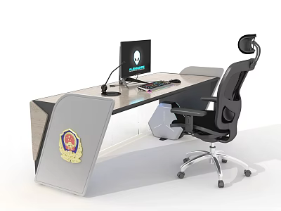 Modern Office Desk With Computer Keyboard Mouse And Ergonomic Chair Featuring Emblem 3d model
