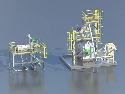 Industrial Processing Equipment With Yellow Safety Railings And Multi Level Platforms 3d model