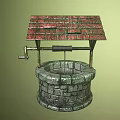 Traditional Garden Ornament Featuring Ancient Well With Red Tiled Roof Stone Body And Wooden Crank