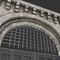 Classical Stone Entrance Gate with Arched Top Decorative Grille and Carved Frame