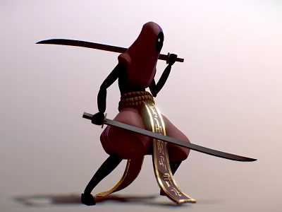 Man in Red Hood Black Clothing and Golden Sash Holding Two Katanas in Combat Stance 3d model