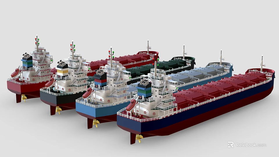 Different Colored Cargo Ship Models with Red Green Blue Hulls Displayed Side by Side 3d model 