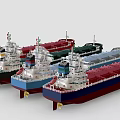 Different Colored Cargo Ship Models with Red Green Blue Hulls Displayed Side by Side