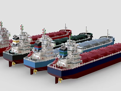 Different Colored Cargo Ship Models with Red Green Blue Hulls Displayed Side by Side 3d model