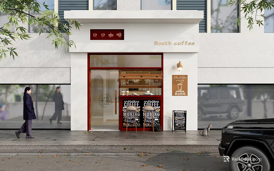 Mouth Coffee White Facade With Red Doorway Sidewalk Sign Lamp Pedestrians Black Car And Cats 3d model 