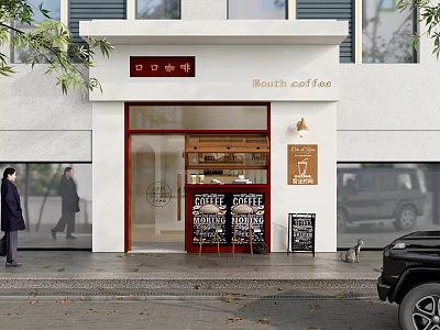 Mouth Coffee White Facade With Red Doorway Sidewalk Sign Lamp Pedestrians Black Car And Cats 3d model
