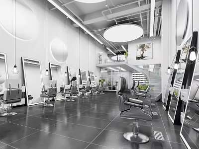 Modern Beauty Salon Interior With Styling Chairs Large Mirrors Circular Decorations And Spiral Staircase 3d model