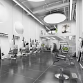 Modern Beauty Salon Interior With Styling Chairs Large Mirrors Circular Decorations And Spiral Staircase