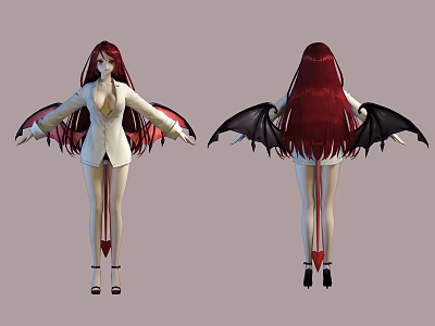 Game And Movie Character With Red Long Hair White Suit Black Wings And Red Tail 3d model