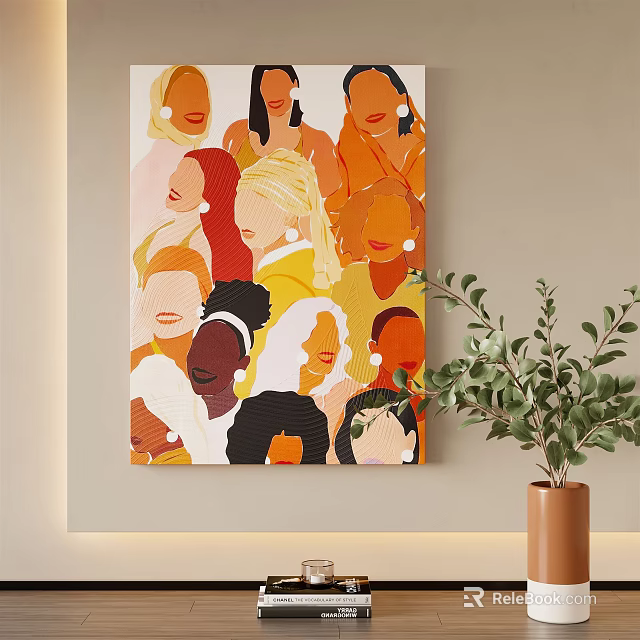 Abstract Painting On Wall With Multiple Female Faces Diverse Skin Tones Warm Hues And Green Plant 3d model 