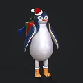Game Character Penguin In Santa Hat Carrying Red Gift Boxes Blue White Body Orange Feet