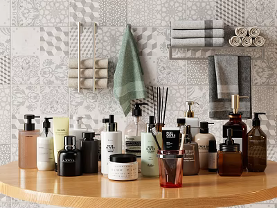 Bathroom Toiletries Display On Wooden Countertop With Tiles And Towels 3d model