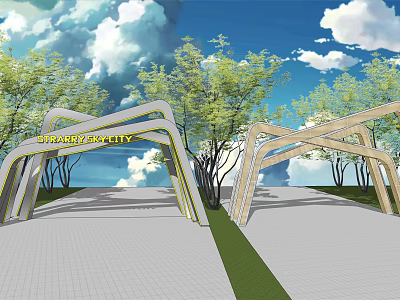 Modern Building Facade With Arched Structures Trees And Blue Sky In Starry Sky City 3d model