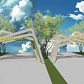 Modern Building Facade With Arched Structures Trees And Blue Sky In Starry Sky City 3d model