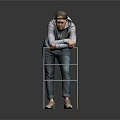 Man In Gray Hoodie Leaning On Metal Ladder Against Dark Background