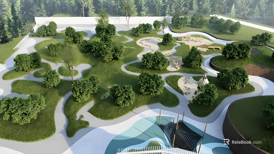 Lush Garden Landscape Design With Green Lawns Winding Paths Water Features And Seating Areas 3d model 