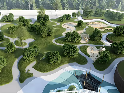 Lush Garden Landscape Design With Green Lawns Winding Paths Water Features And Seating Areas 3d model