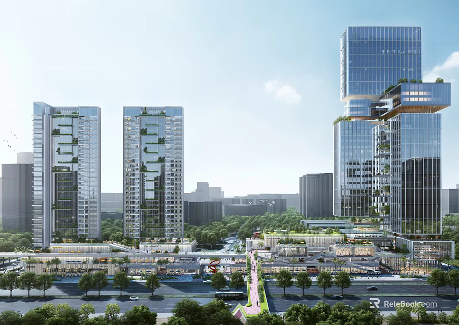 Modern Urban Commercial Street With High Rise Buildings Green Landscaping And Busy Pedestrian Zones 3d model 