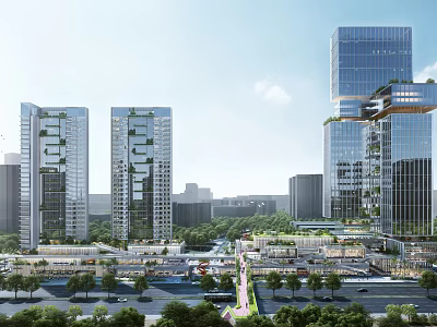 Modern Urban Commercial Street With High Rise Buildings Green Landscaping And Busy Pedestrian Zones 3d model