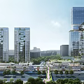 Modern Urban Commercial Street With High Rise Buildings Green Landscaping And Busy Pedestrian Zones